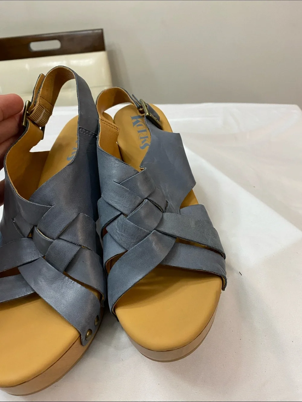 Kork-Ease Slate Blue Woven Leather Slingback Sandals